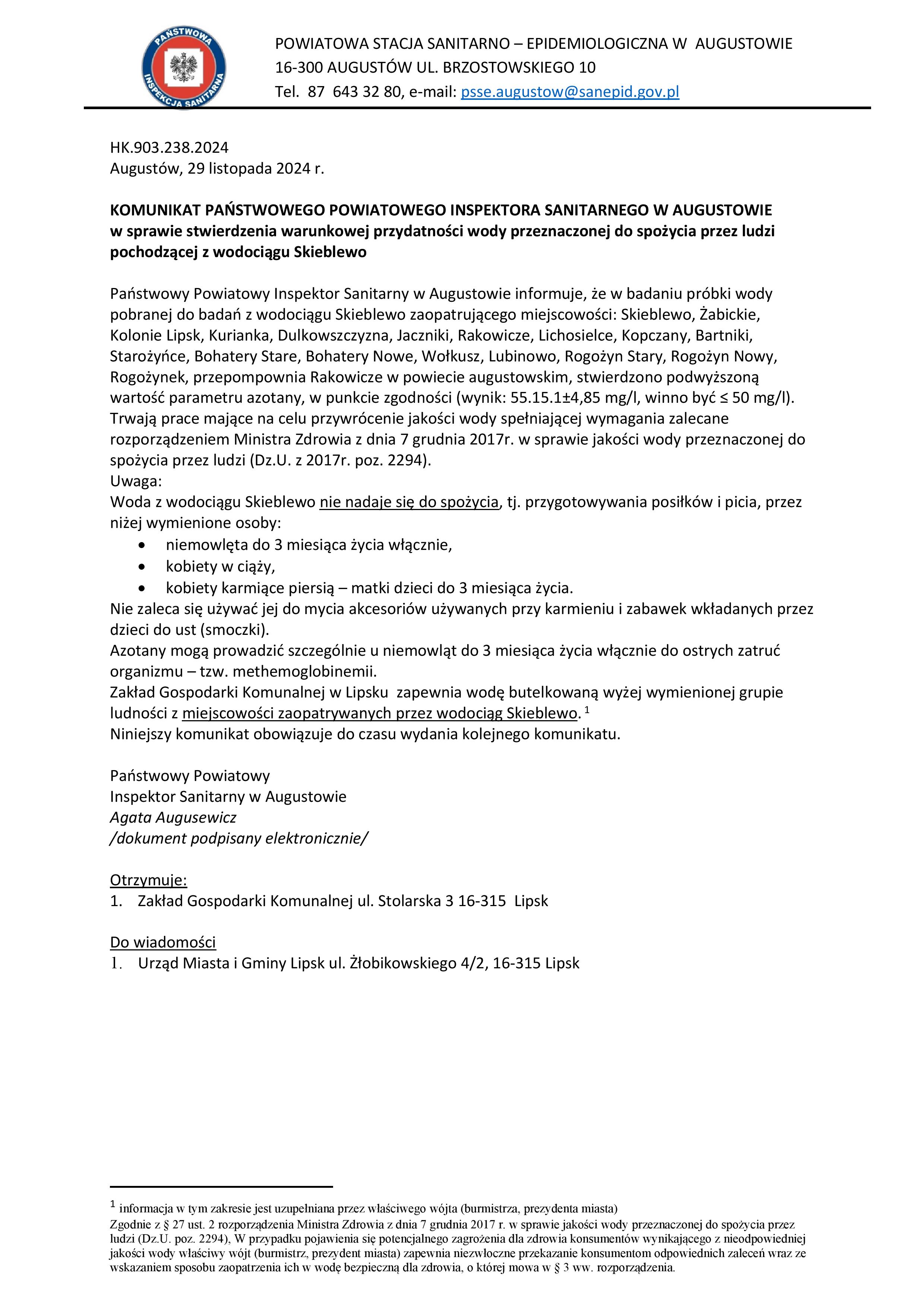 Komunikat z dn. 29.11.2024 r. woda warunkowa Wodociąg Skieblewo azotany page 001