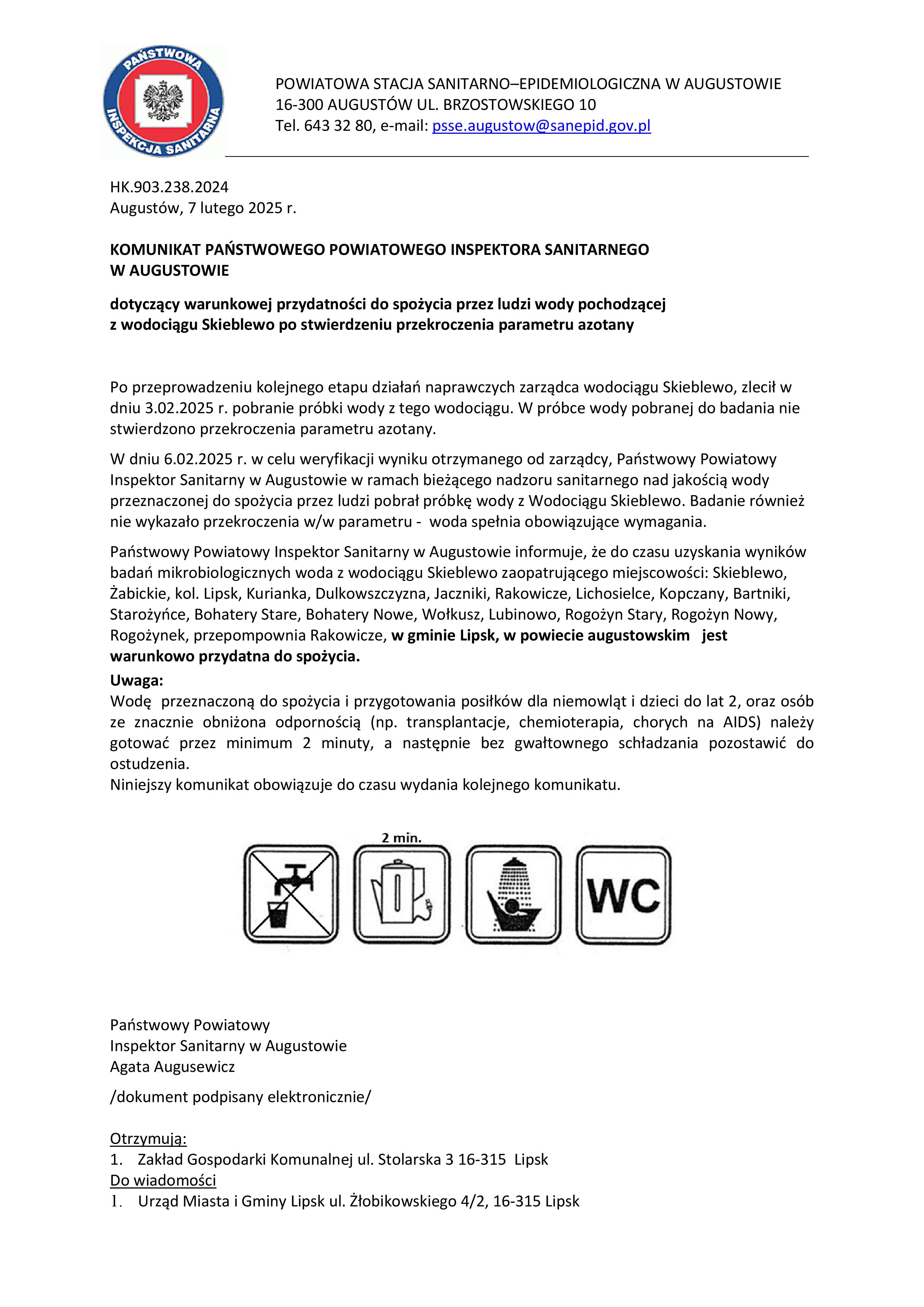 2025 Komunikat o poprawie jakości wody warunkowa w wodociągu Skieblewo z dn. 7.02.2025 page 001