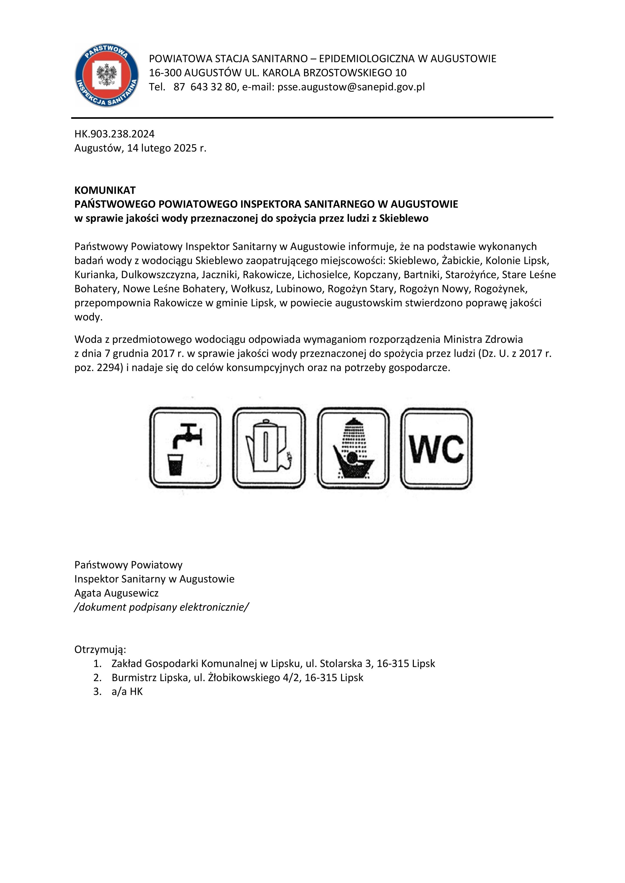 Komunikat Wodociąg Skieblewo poprawa jakości wody 14.02.2025