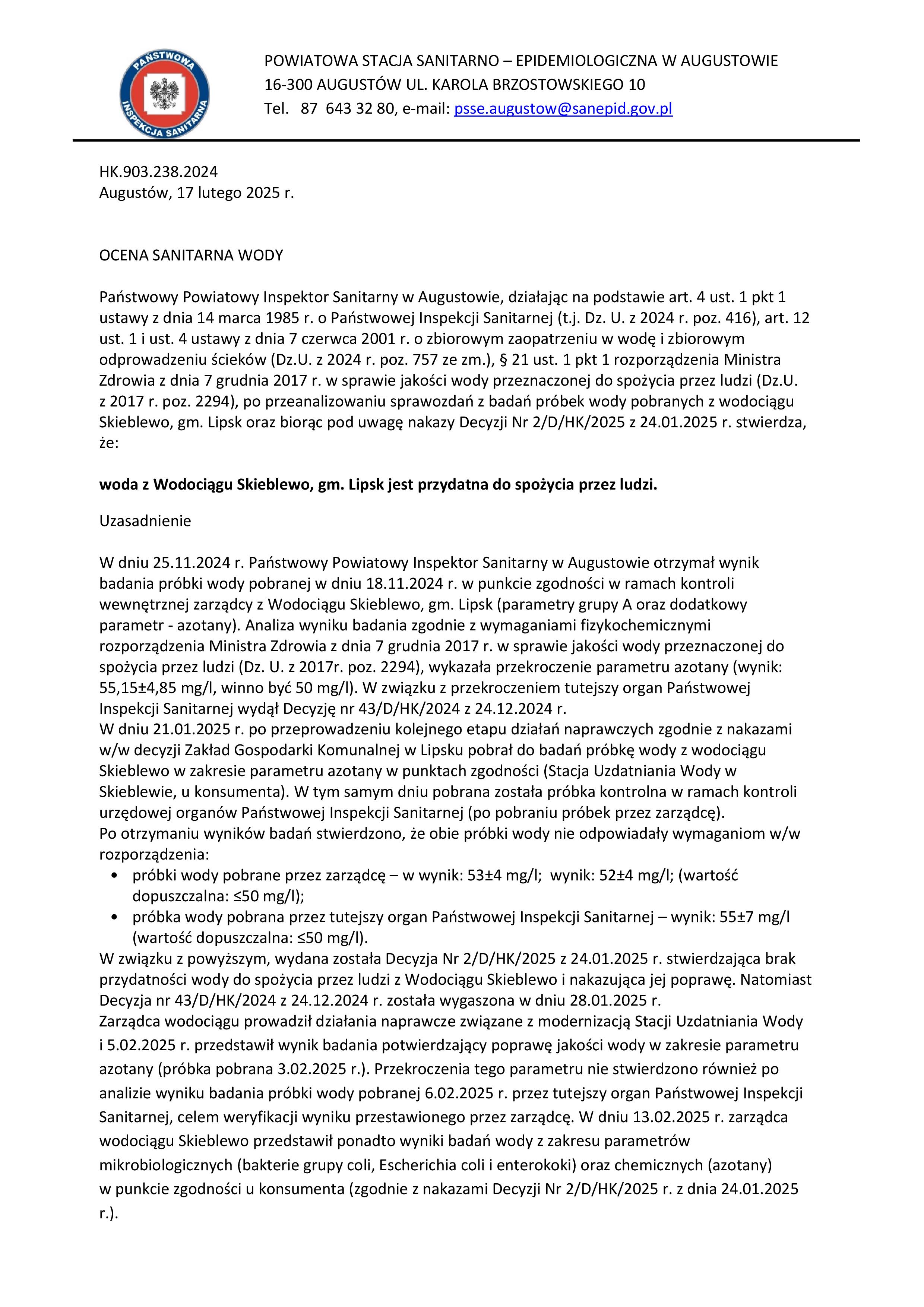 ocena wps KW pdn Wodociag Skoeblewo 17.02.2025 woda dobra po przekr. azotanów page 001