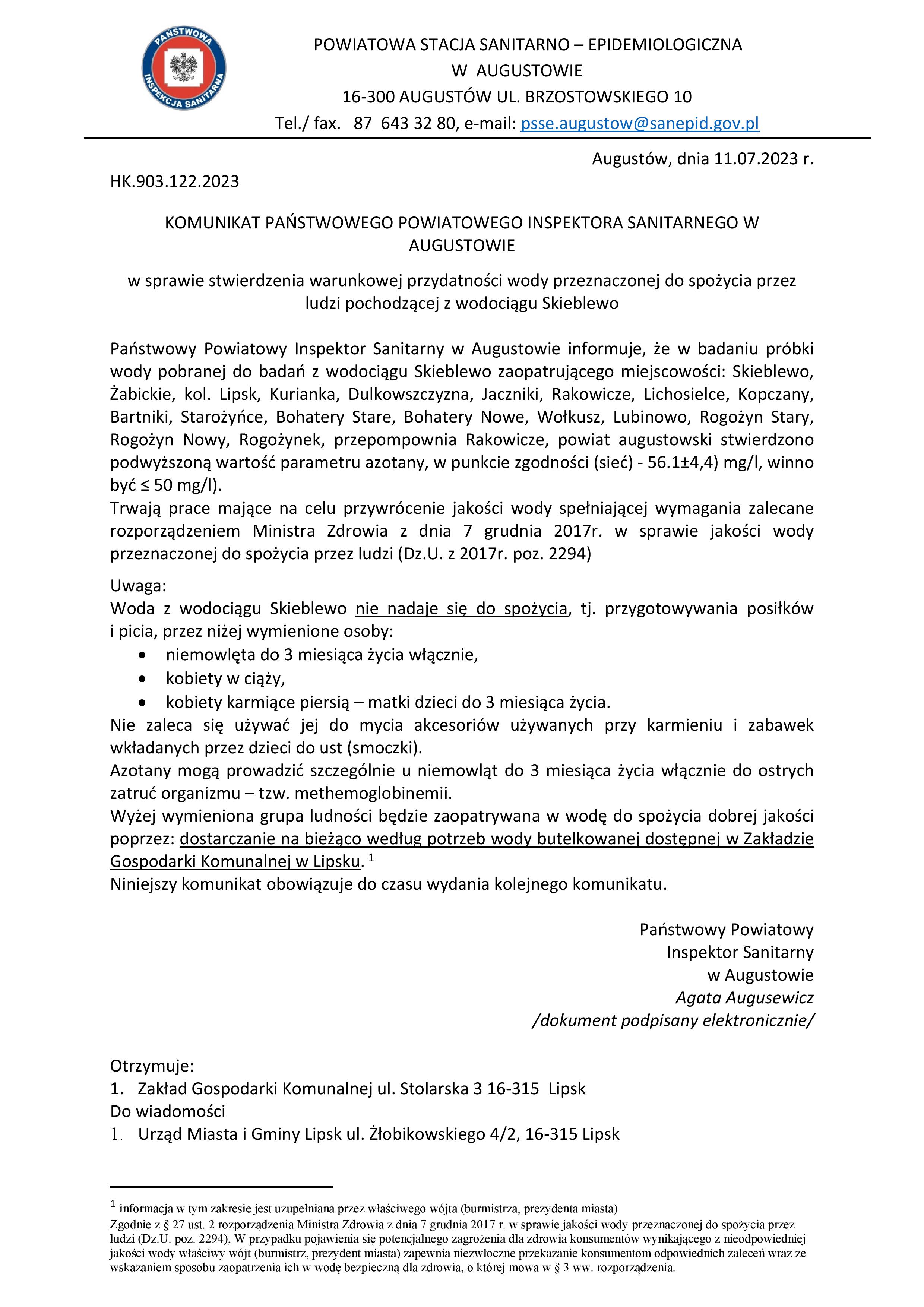Komunikat z dn. 11.07.2023r. woda warunkowa Wodociąg Skieblewo azotany page 001